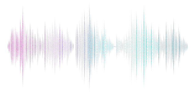 Colorful digital audio waveform in pink, purple, and blue on a black background.