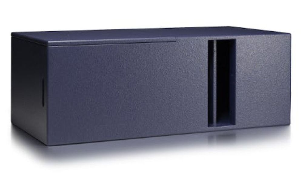 Horizontal purple Funktion-One subwoofer with vertical front port.