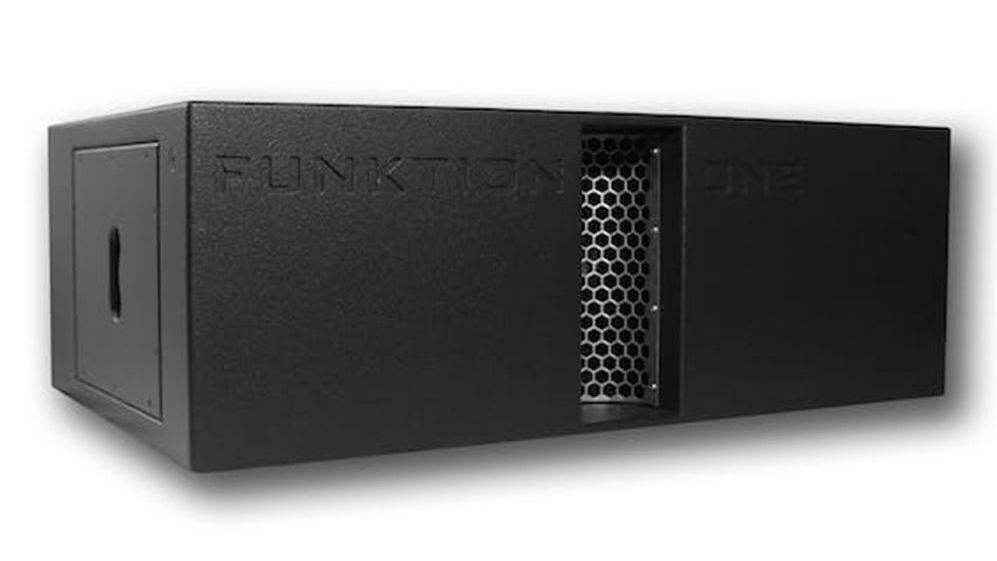 Black Funktion-One subwoofer with mesh port and engraved logo.