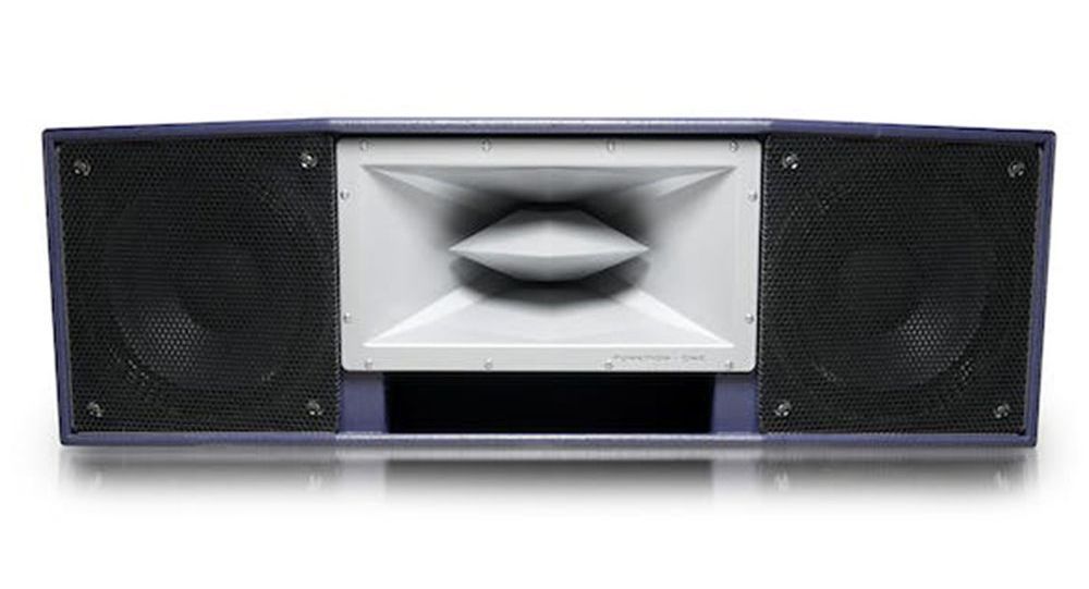 Funktion-One speaker with dual horns and low-frequency enclosure, angled view.