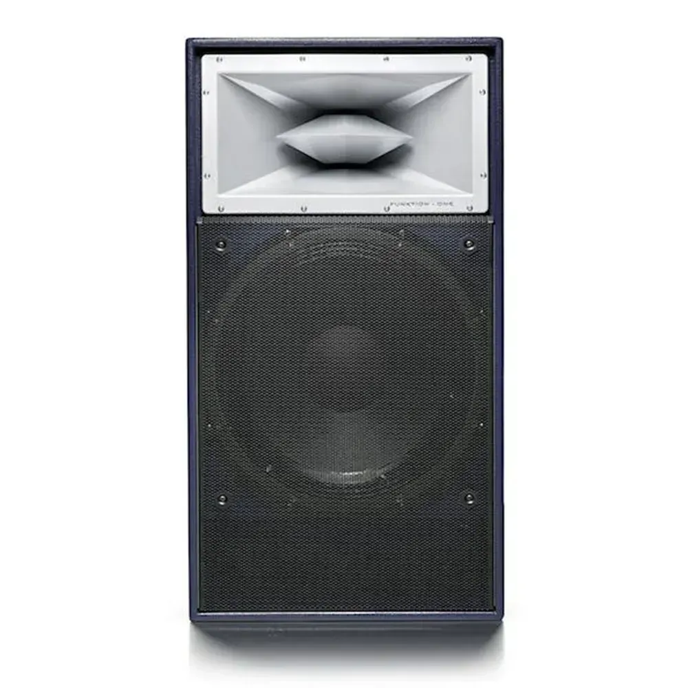 Horizontal Funktion-One speaker unit with central horn and side woofers.