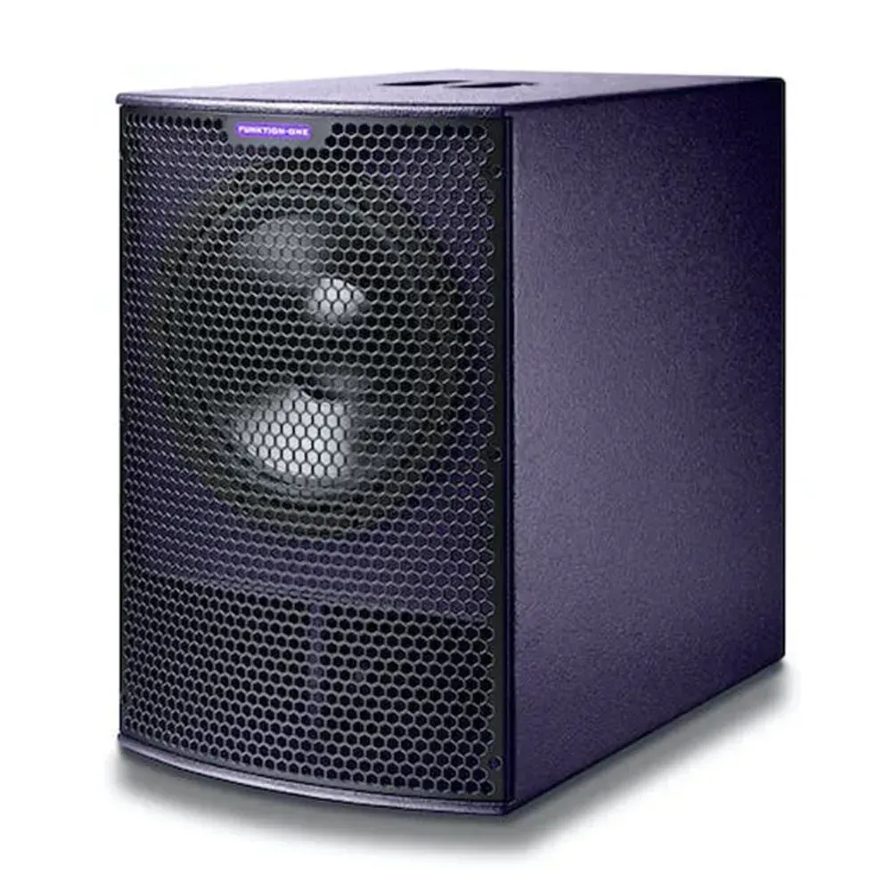 Front view of a purple Funktion-One speaker with large circular driver.