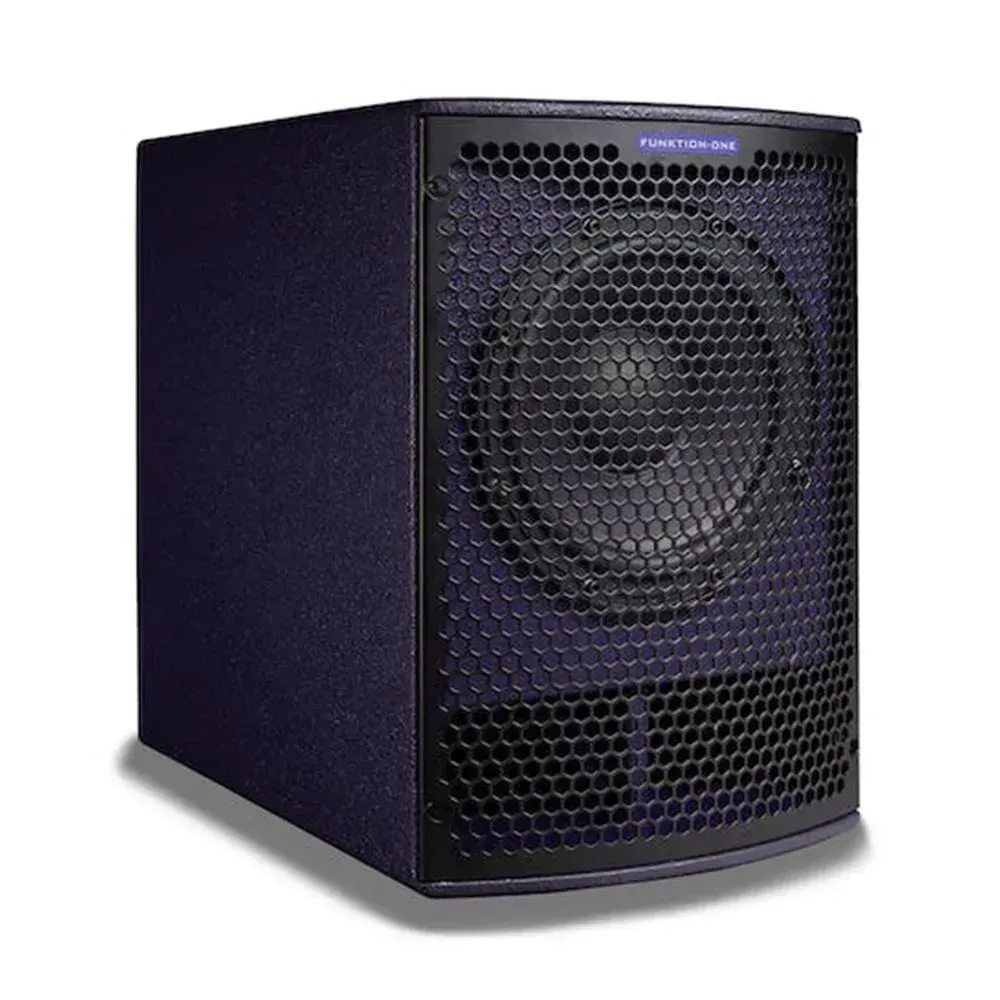 Purple Funktion-One speaker with honeycomb grill and compact design.