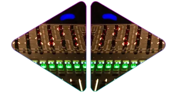 Mirrored DJ mixer image inside two triangular outlines with glowing controls and buttons.