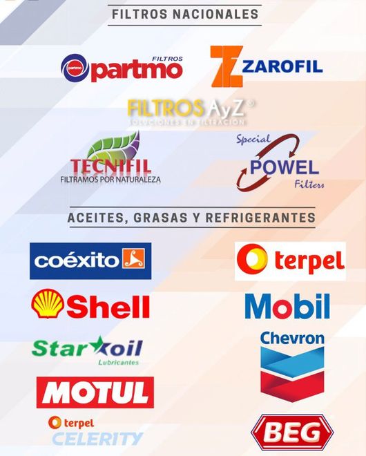 Póster con marcas y logotipos nacionales de filtros para aceites, grasas y refrigerantes sobre un fondo claro.