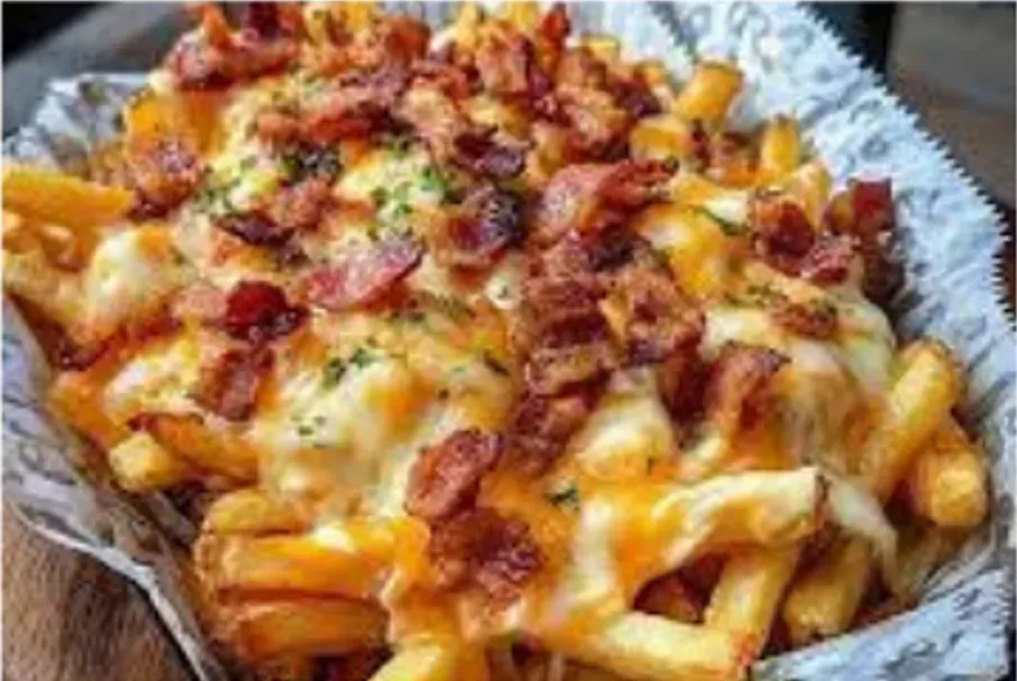 Fries Topped With Melted Cheese and Bacon Crumbles in a Paper-lined Basket — Pt Cartwright Seafoods in Warana, QLD