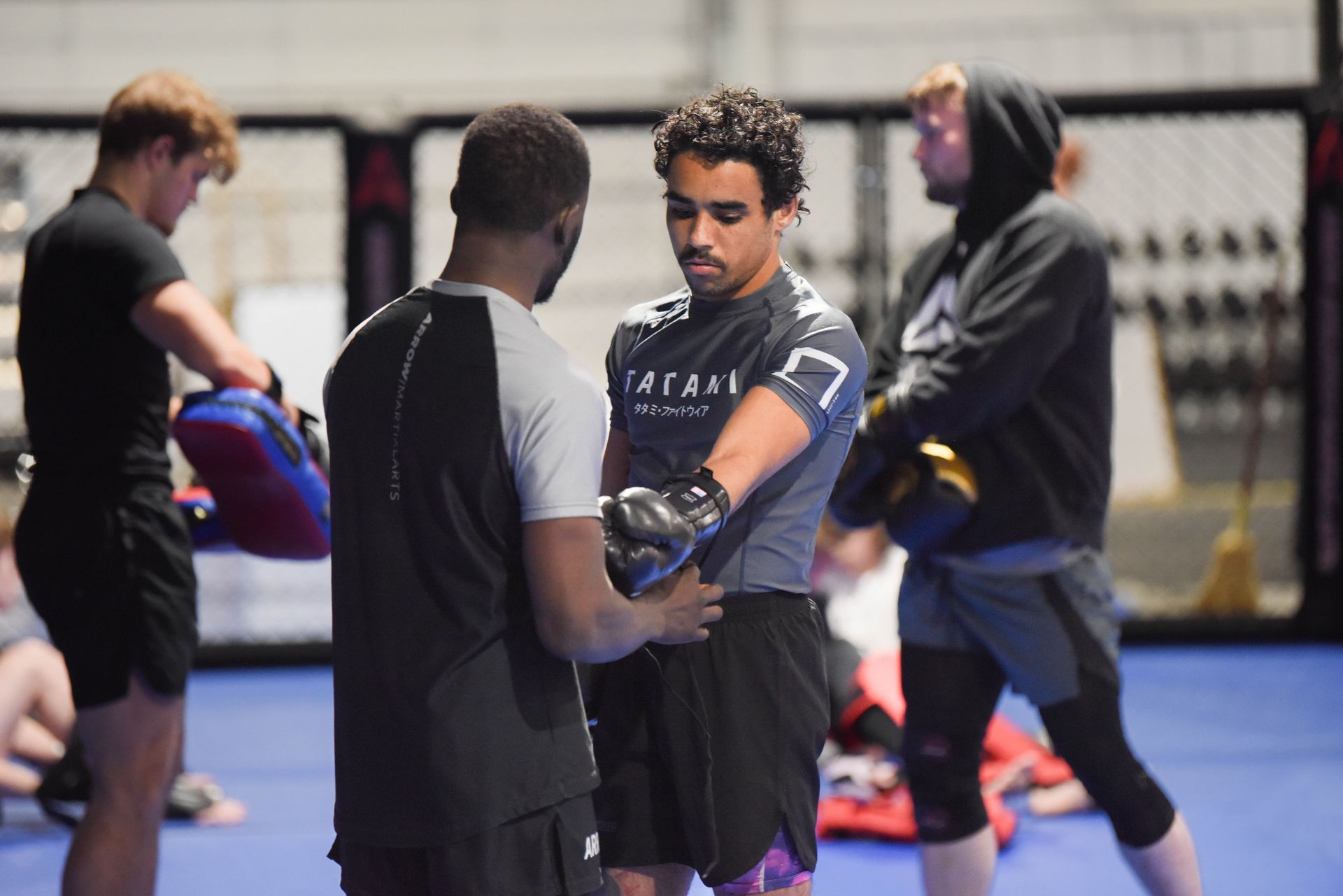 A group of men are practicing martial arts in a gym.