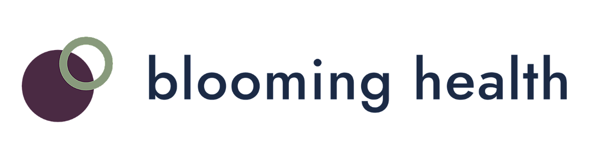 Blooming Health logo with purple and green circular icon and black text on white background
