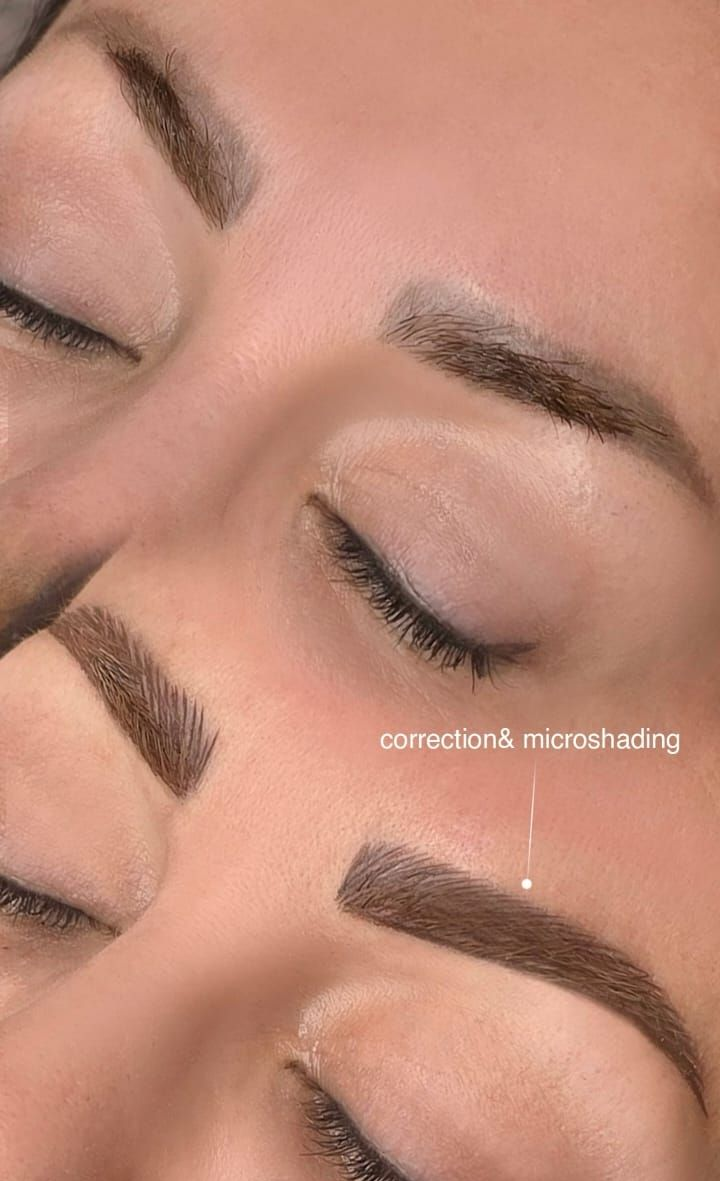 Close-up of eyebrow grooming results on a woman's face, showing before-and-after brow shapes.