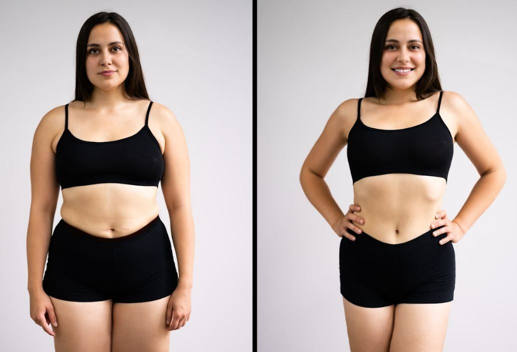 Side-by-side comparison of a woman in black workout clothes, before and after a slimmer transformation.