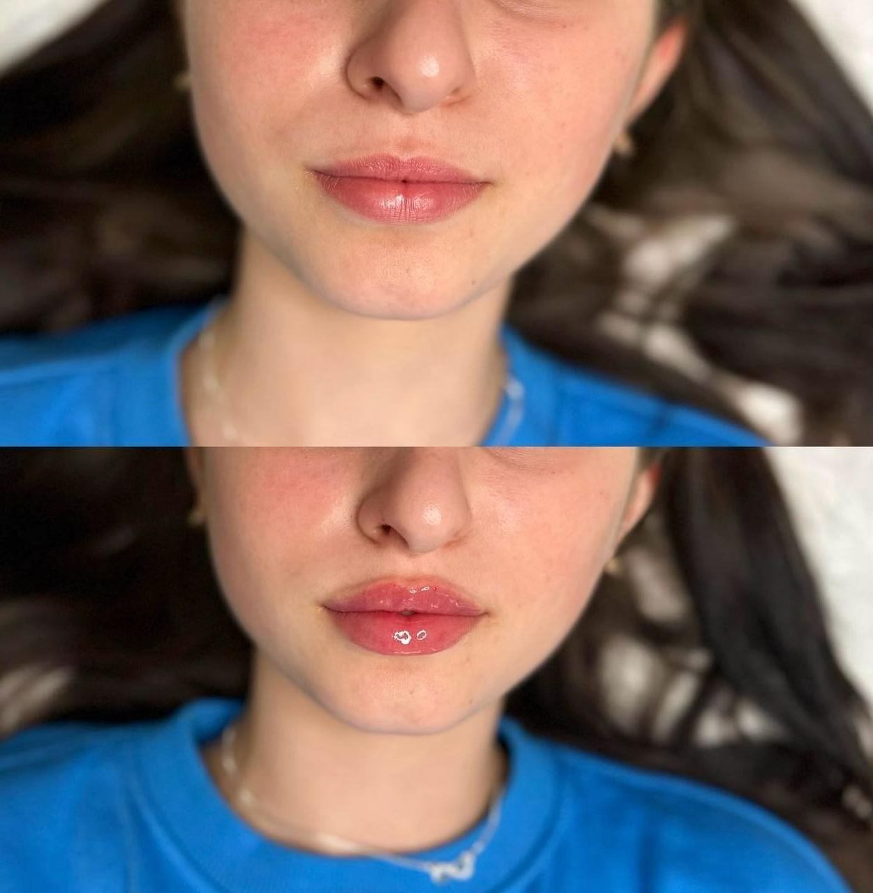 A before and after picture of a woman 's face with false eyelashes.