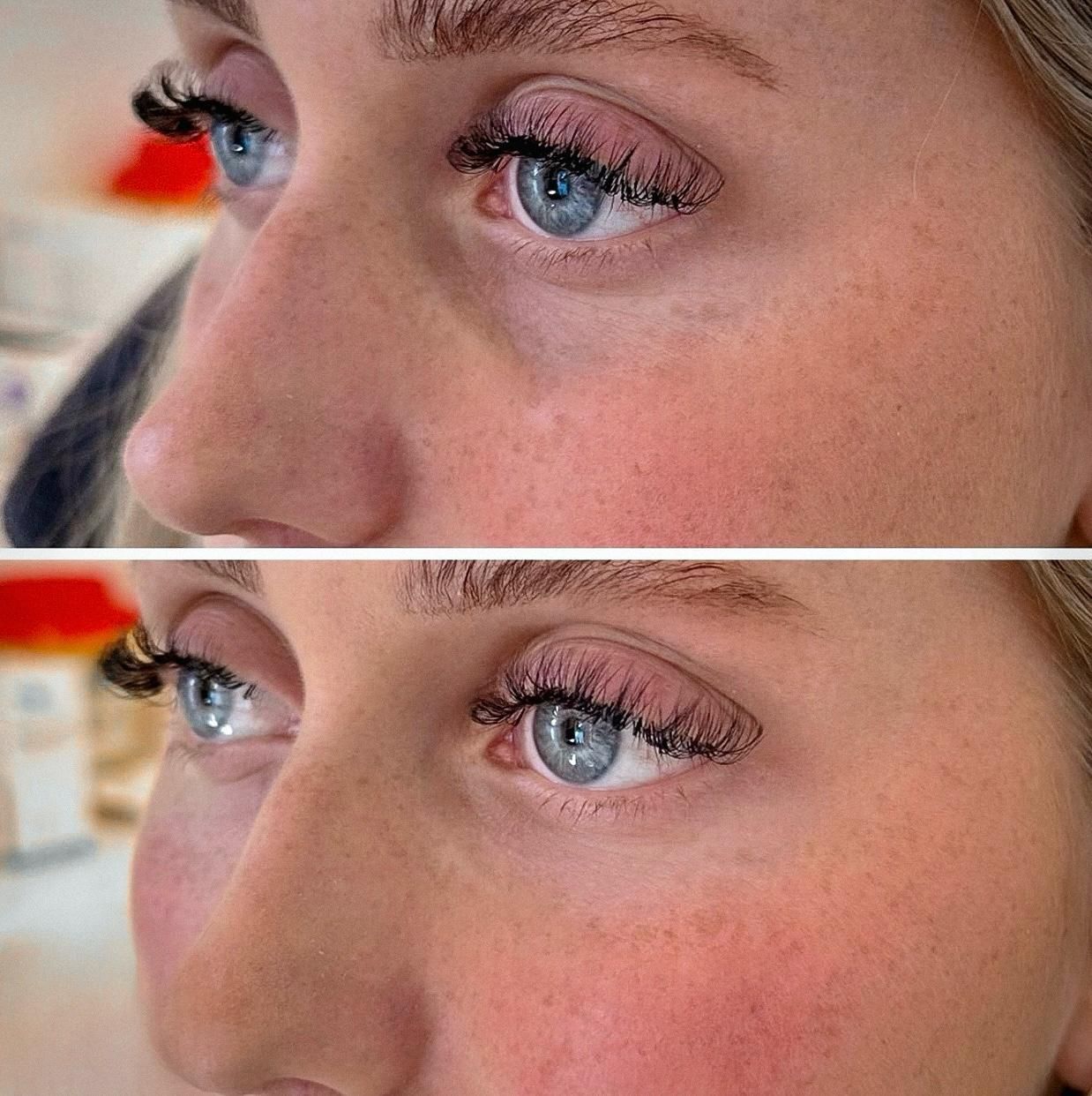A before and after picture of a woman 's face with false eyelashes.