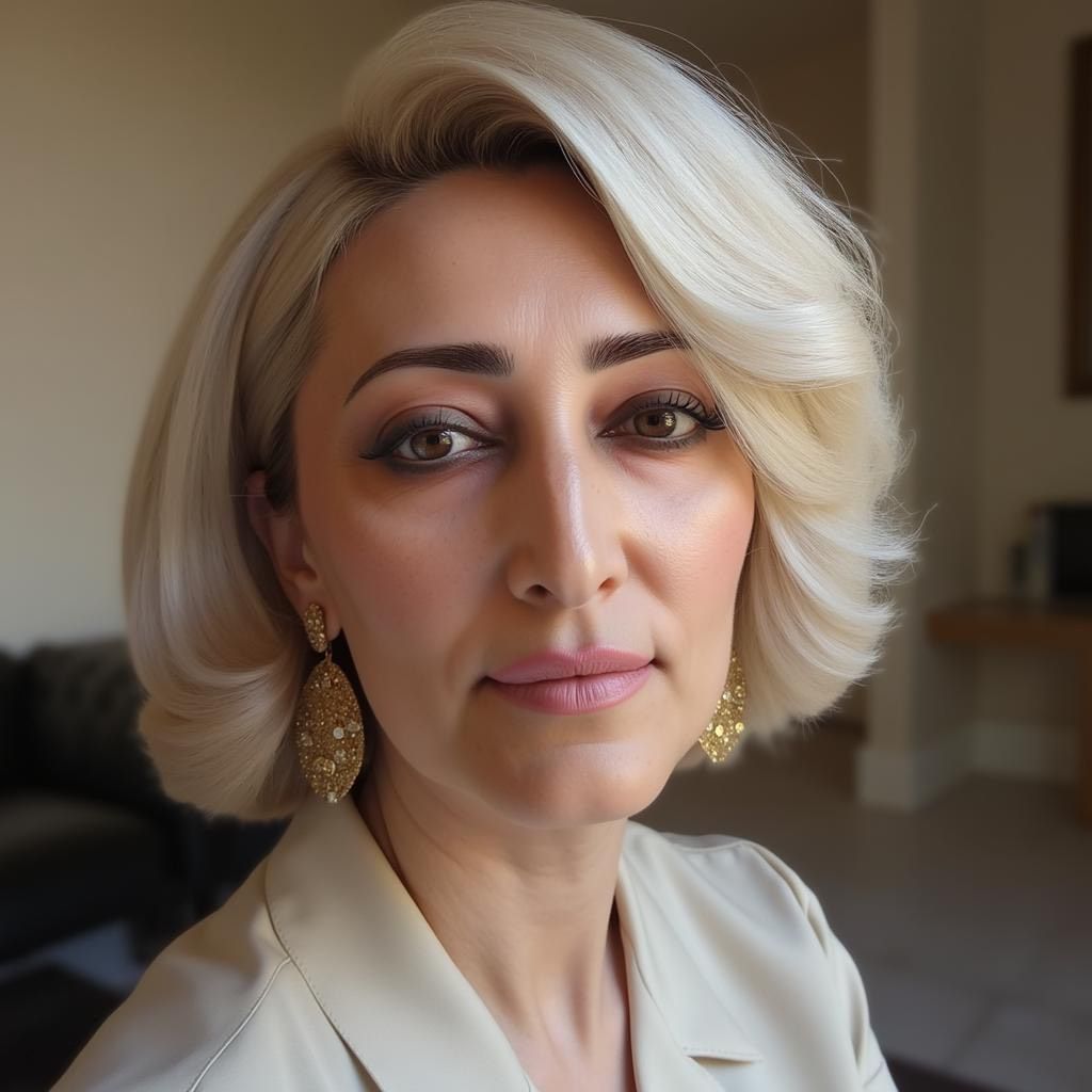 Close-up portrait of a woman with short blonde hair, wearing gold earrings and a light blazer indoors