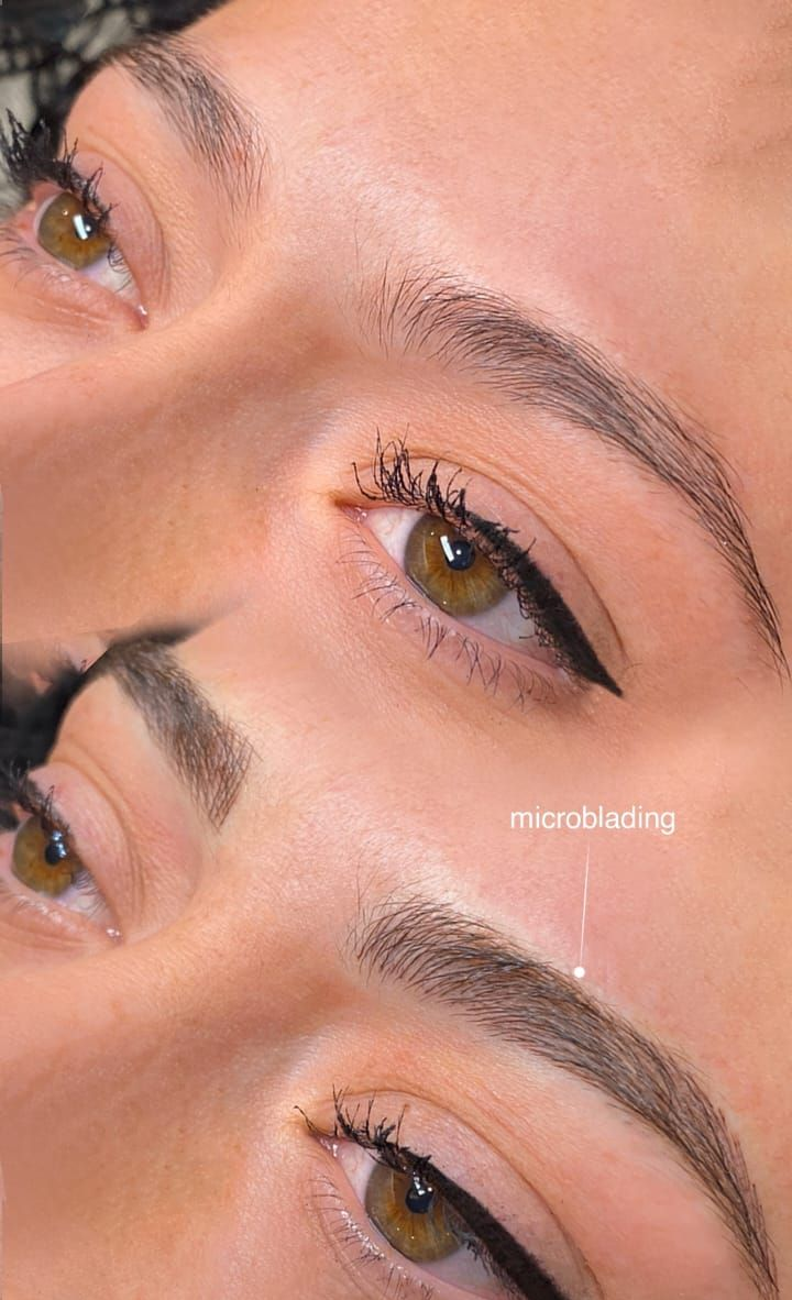 Close-up collage of a brown eye with winged eyeliner and shaped eyebrows on a warm skin tone.