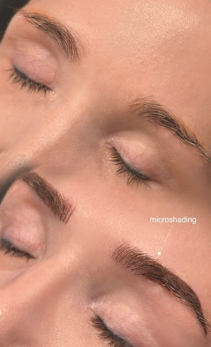 Close-up of closed eyes with neatly shaped eyebrows, shown in a before-and-after microblading comparison.