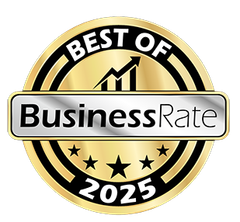 Best of BusinessRate 2025 gold badge with black stars and rising chart icon