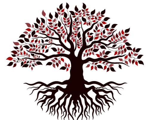 Stylized tree with intertwined branches and roots; burgundy and dark brown leaves and trunk.