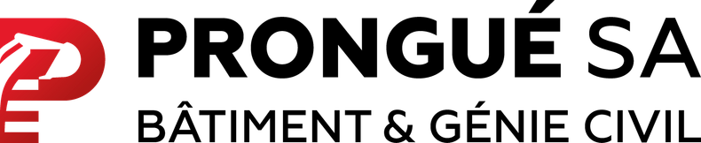 Logo PRONGUÉ SA avec un P stylisé rouge et le texte noir « BÂTIMENT & GÉNIE CIVIL » en dessous