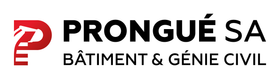 PRONGUÉ SA logo with red icon and black text, “Bâtiment & Génie Civil” underneath