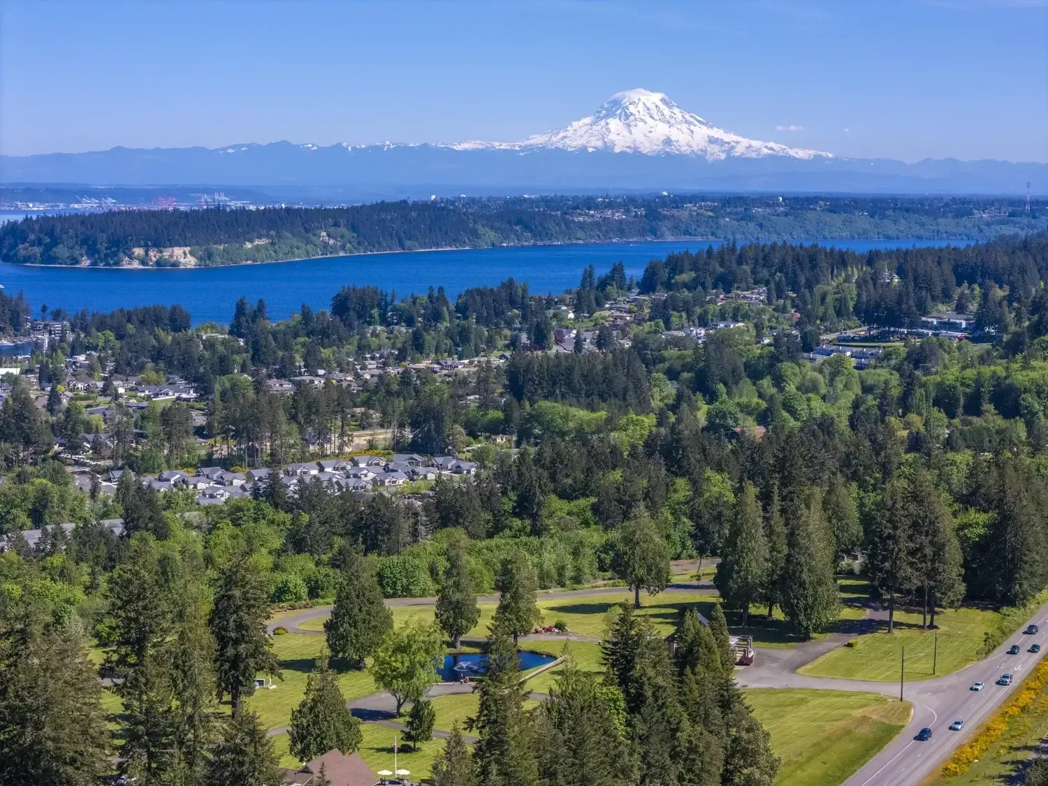 Wide-angle view of peaceful memorial park environment
