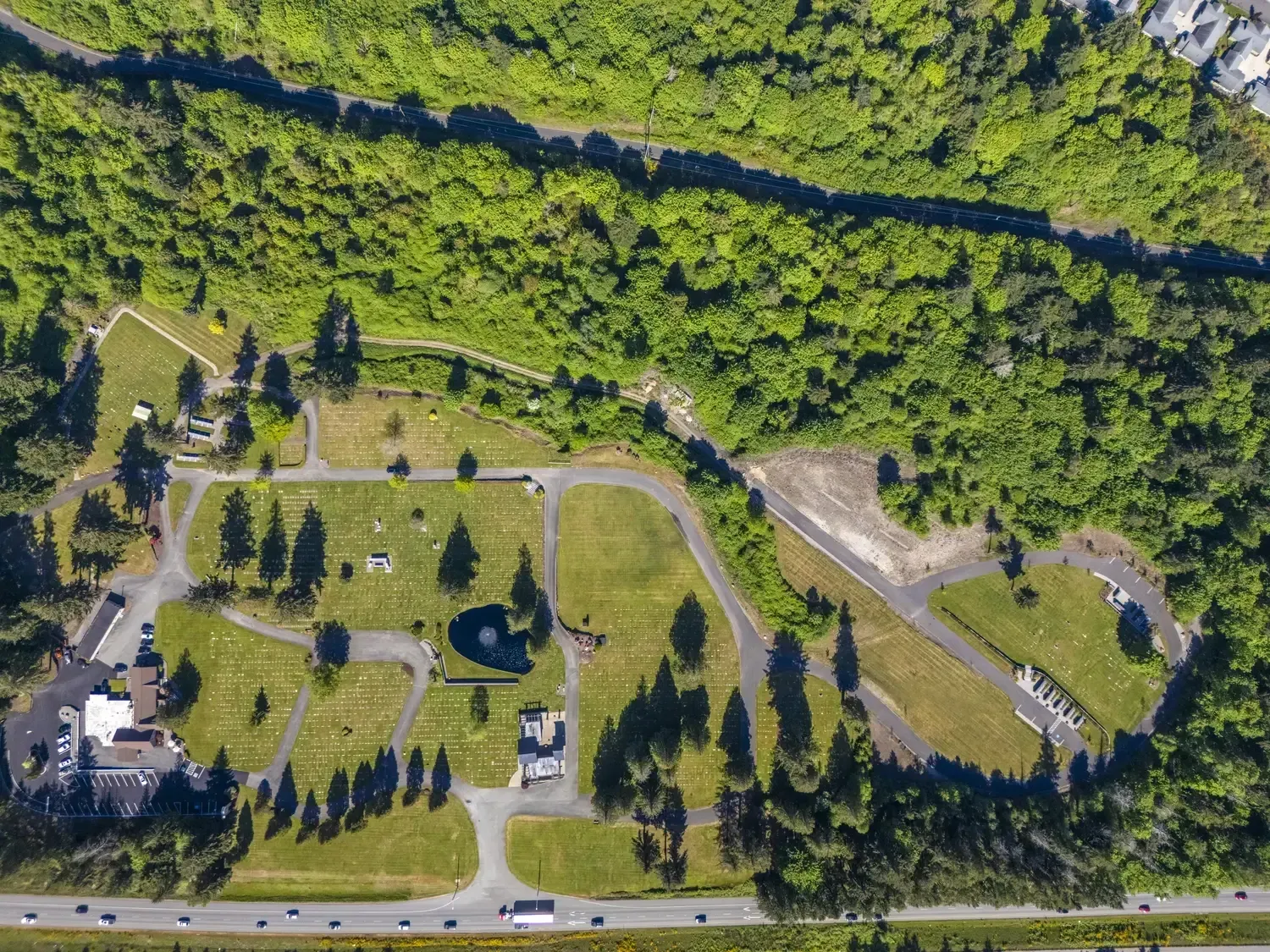 Aerial overview of landscaped memorial property and gardens