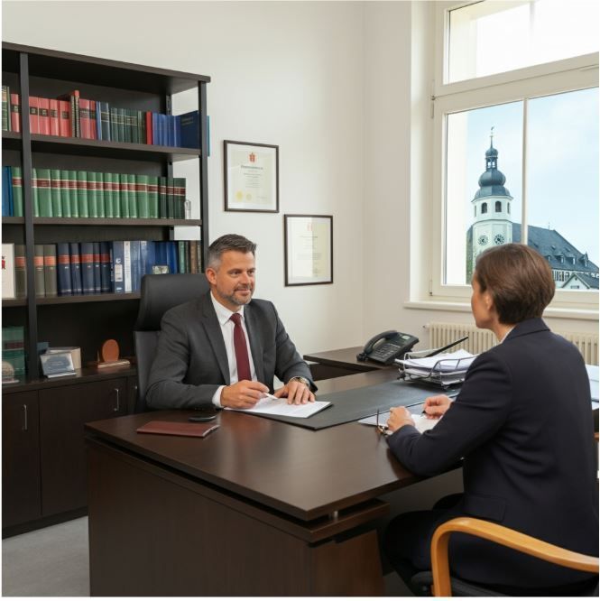 Ein Mann in Anzug und Krawatte gibt einem anderen Mann ein Stück Papier.