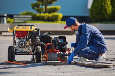 Worker in blue coveralls repairs a generator on a driveway beside tools and cables.