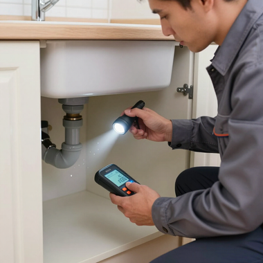 Plumber inspecting under-sink pipes with a flashlight and handheld detector in a white cabinet.