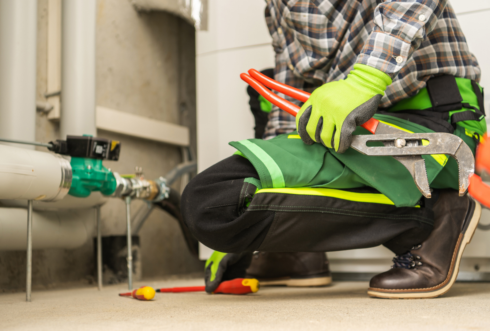 Technician in green gloves crouches by industrial piping, using tools beside a utility valve.