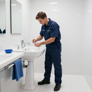 Man in blue work uniform washing hands at a bathroom sink in a white tiled restroom