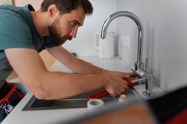 Person repairing a kitchen sink faucet with tools, leaning over a countertop.