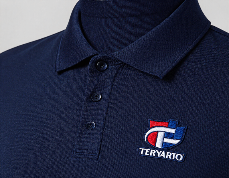 Embroidered logo on polo shirt and structured cap