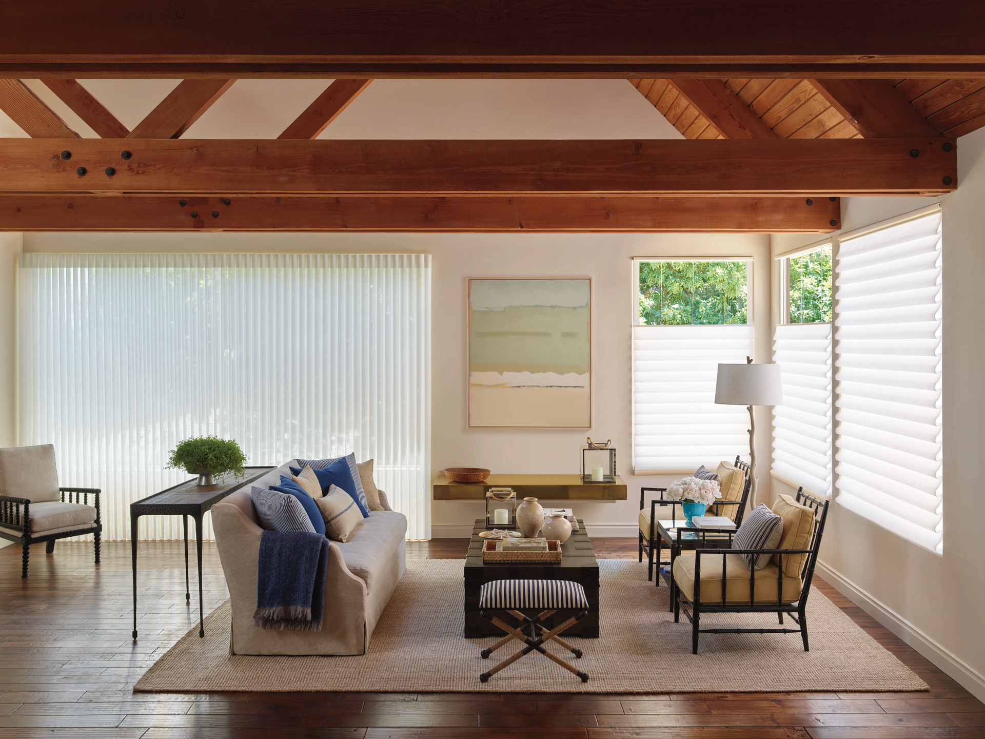 Coordinating window treatments in a modern living room.
