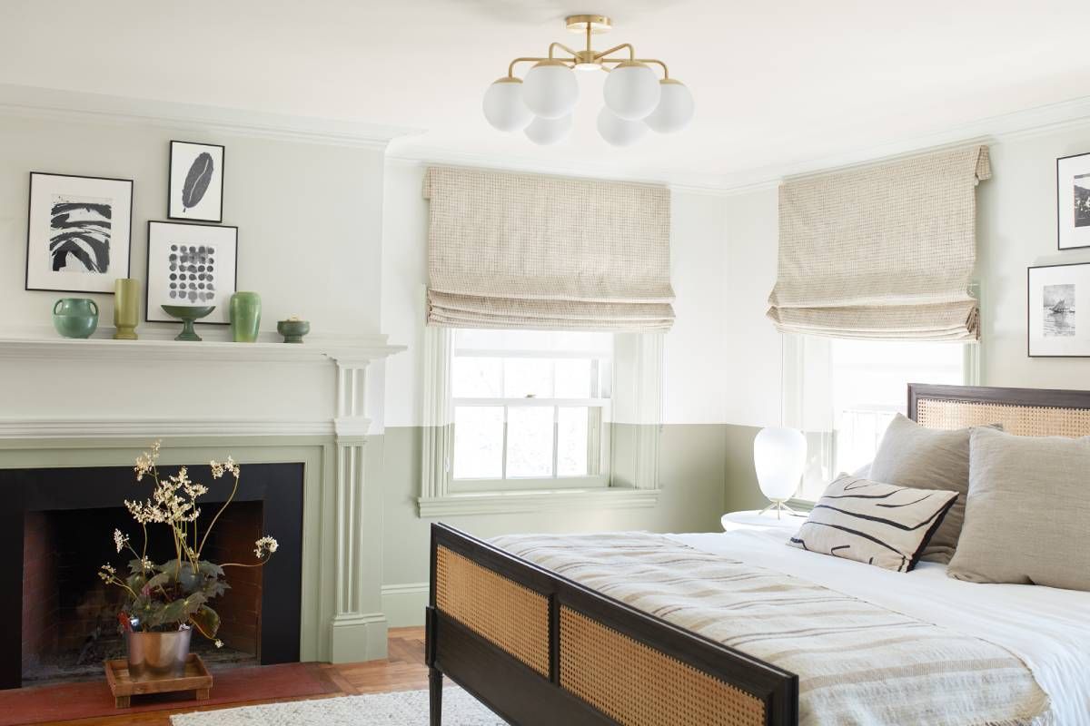 Benjamin Moore paint color October Mist in a well-appointed bedroom near Lexington, KY