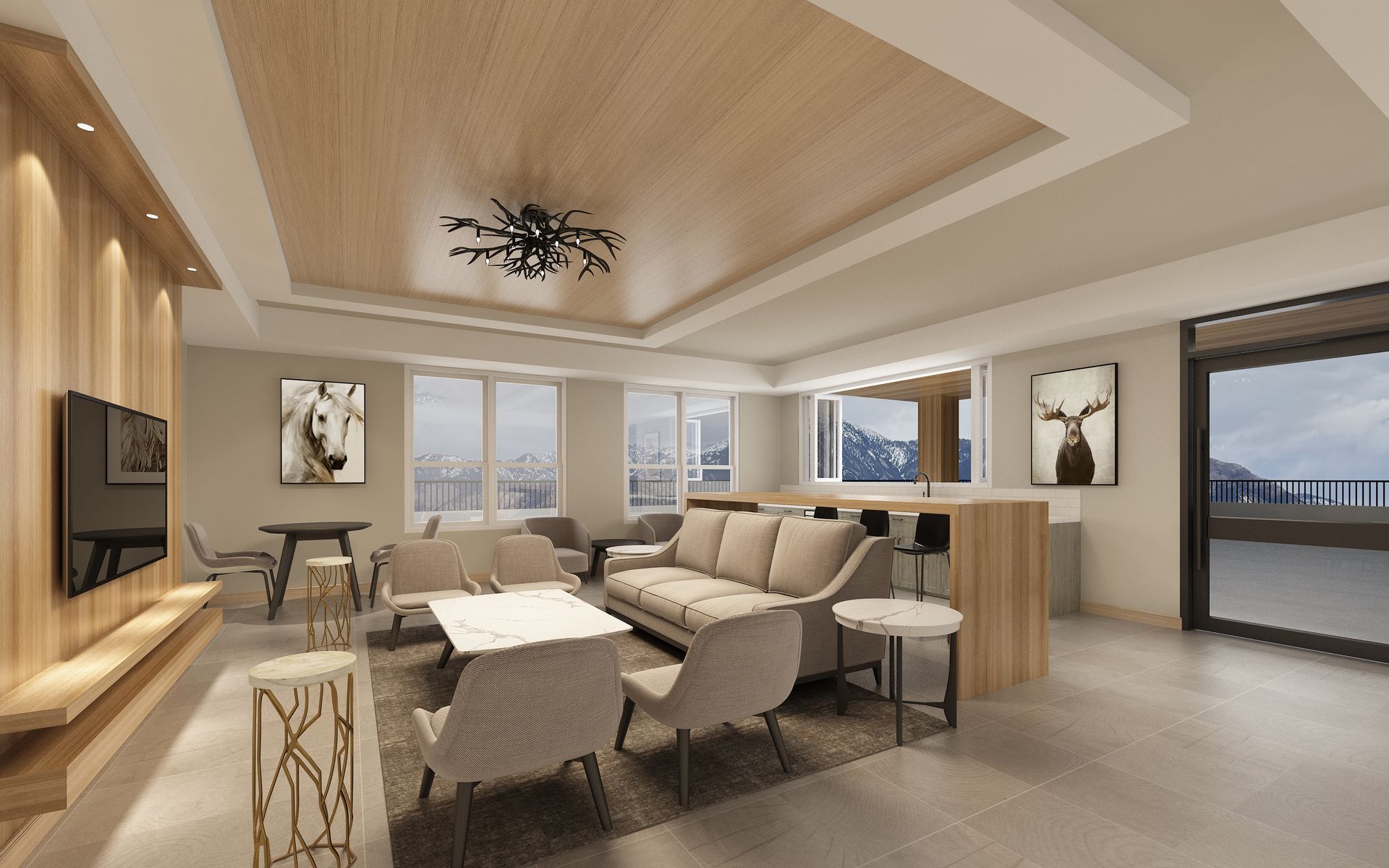 Modern open-plan living room with beige sofa, dining area, large windows, and mountain view.