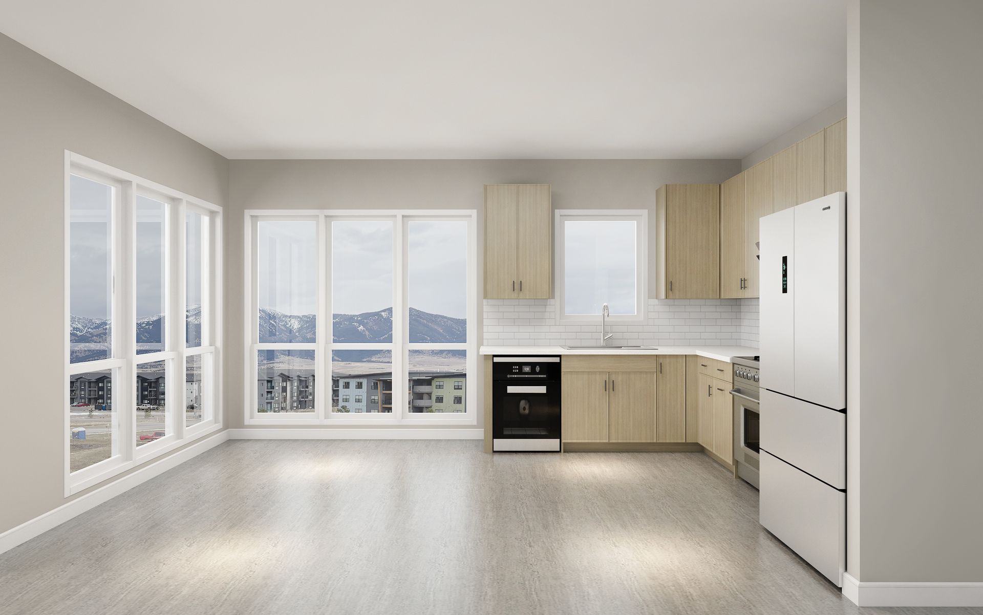 Bright empty modern kitchen with large windows, light wood cabinets, white appliances, and pale flooring