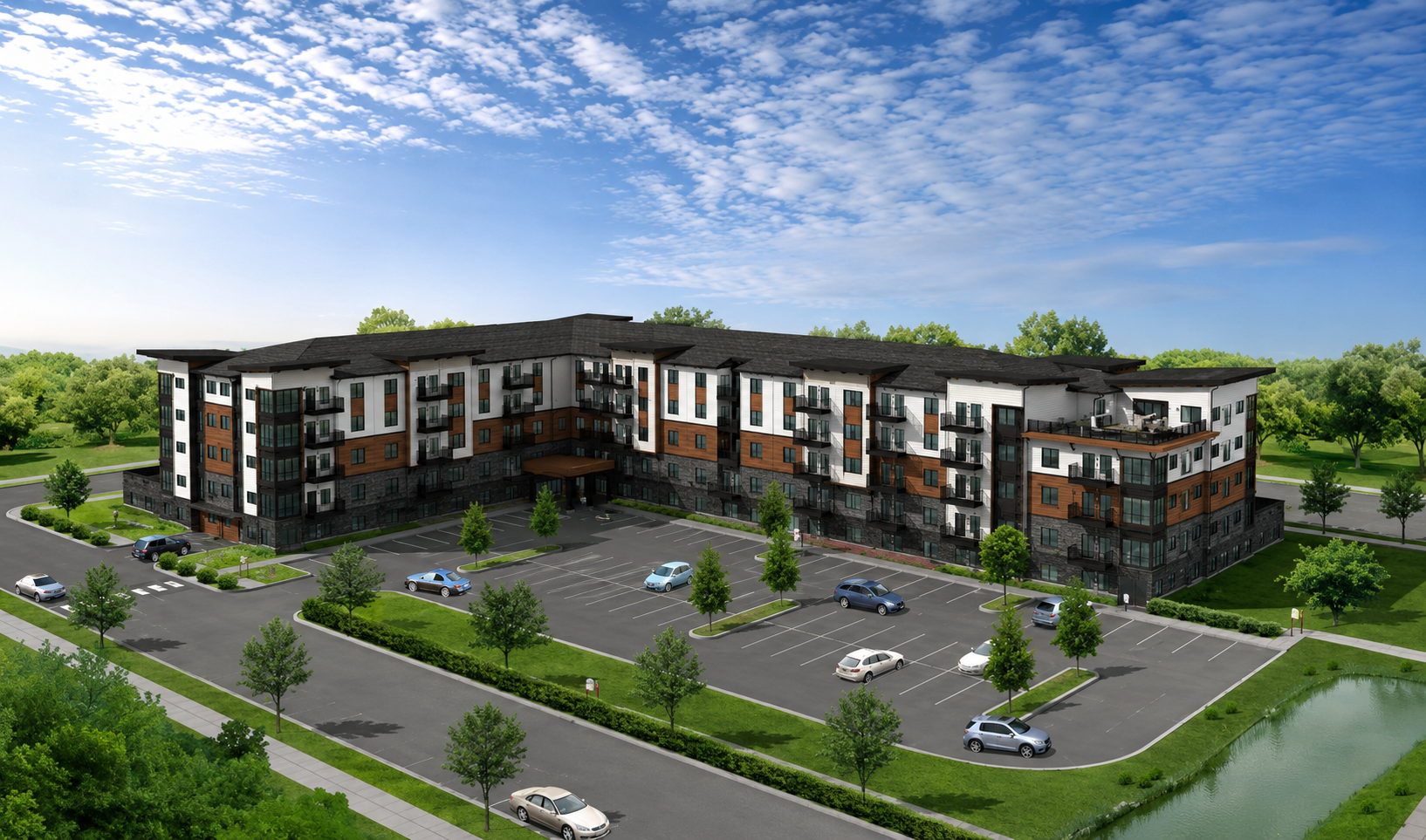 Rendering of a modern apartment complex with parking lot and trees under a blue sky