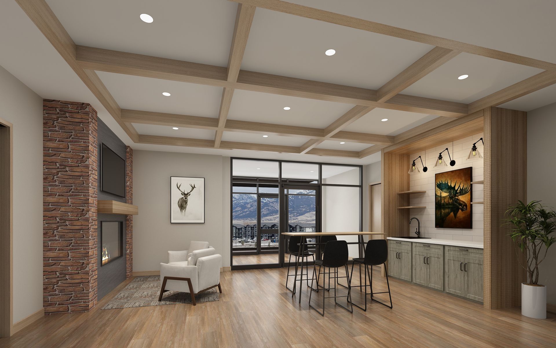 Modern open-plan living room with wood beams, fireplace, dining table, and city view windows