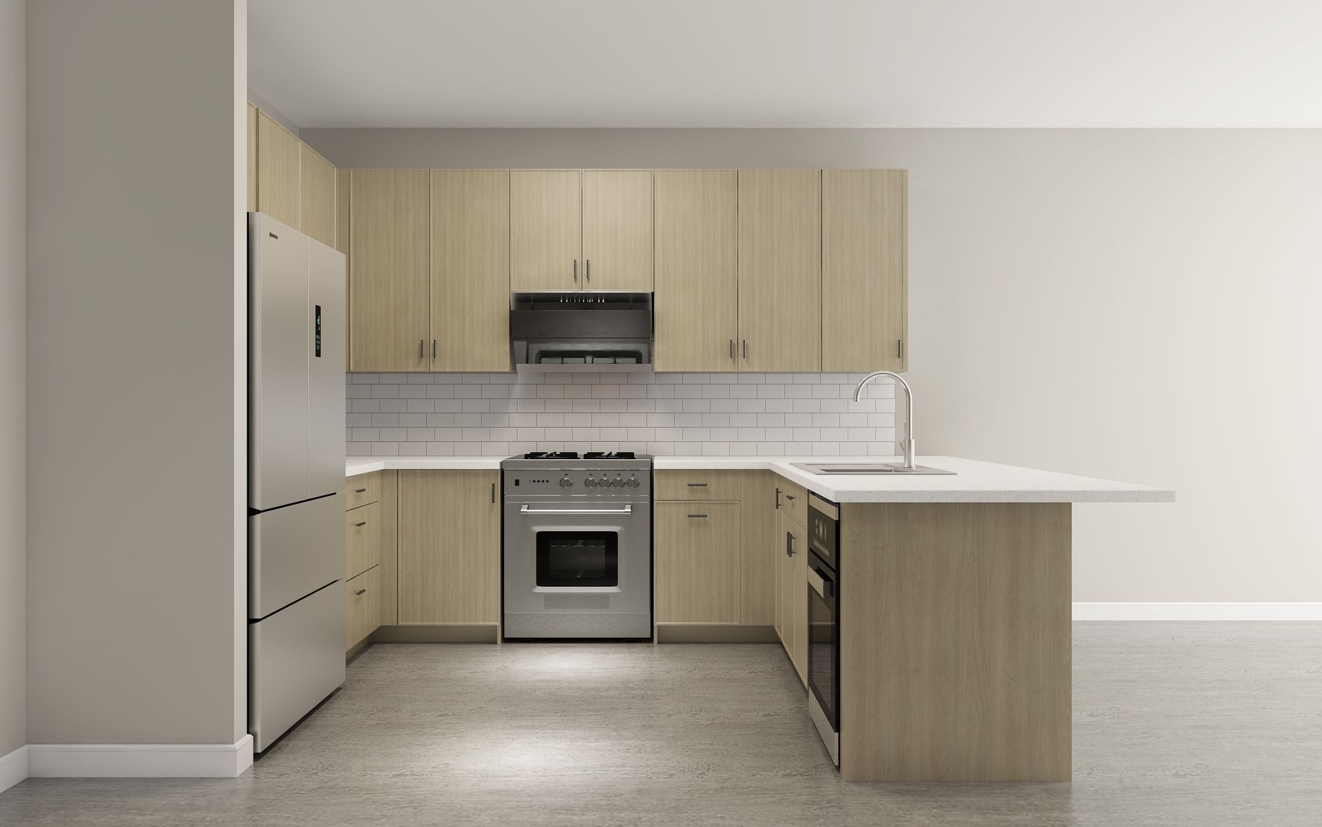 Modern kitchen with light wood cabinets, stainless steel appliances, and a white peninsula counter.