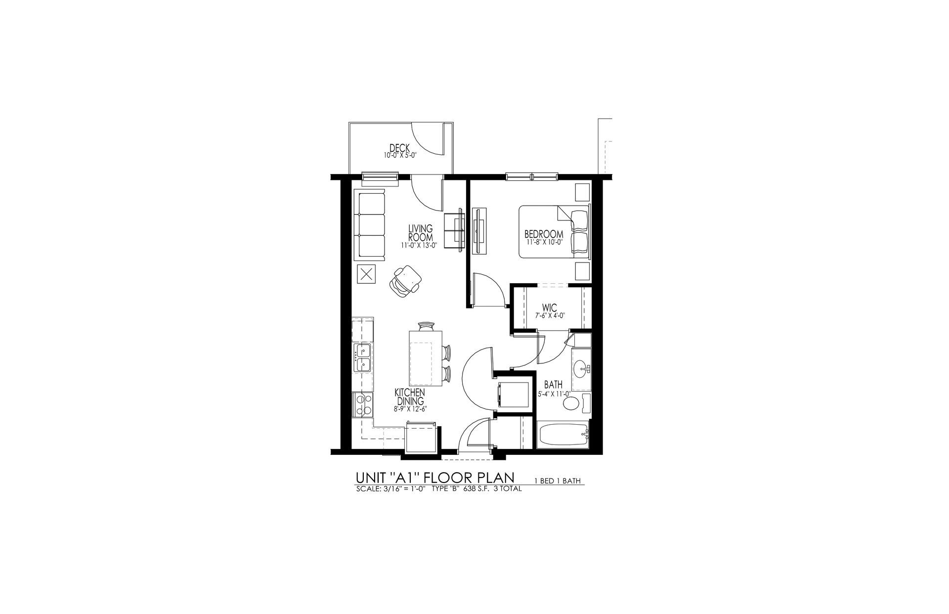 Black-and-white apartment floor plan with labeled rooms and furniture layout