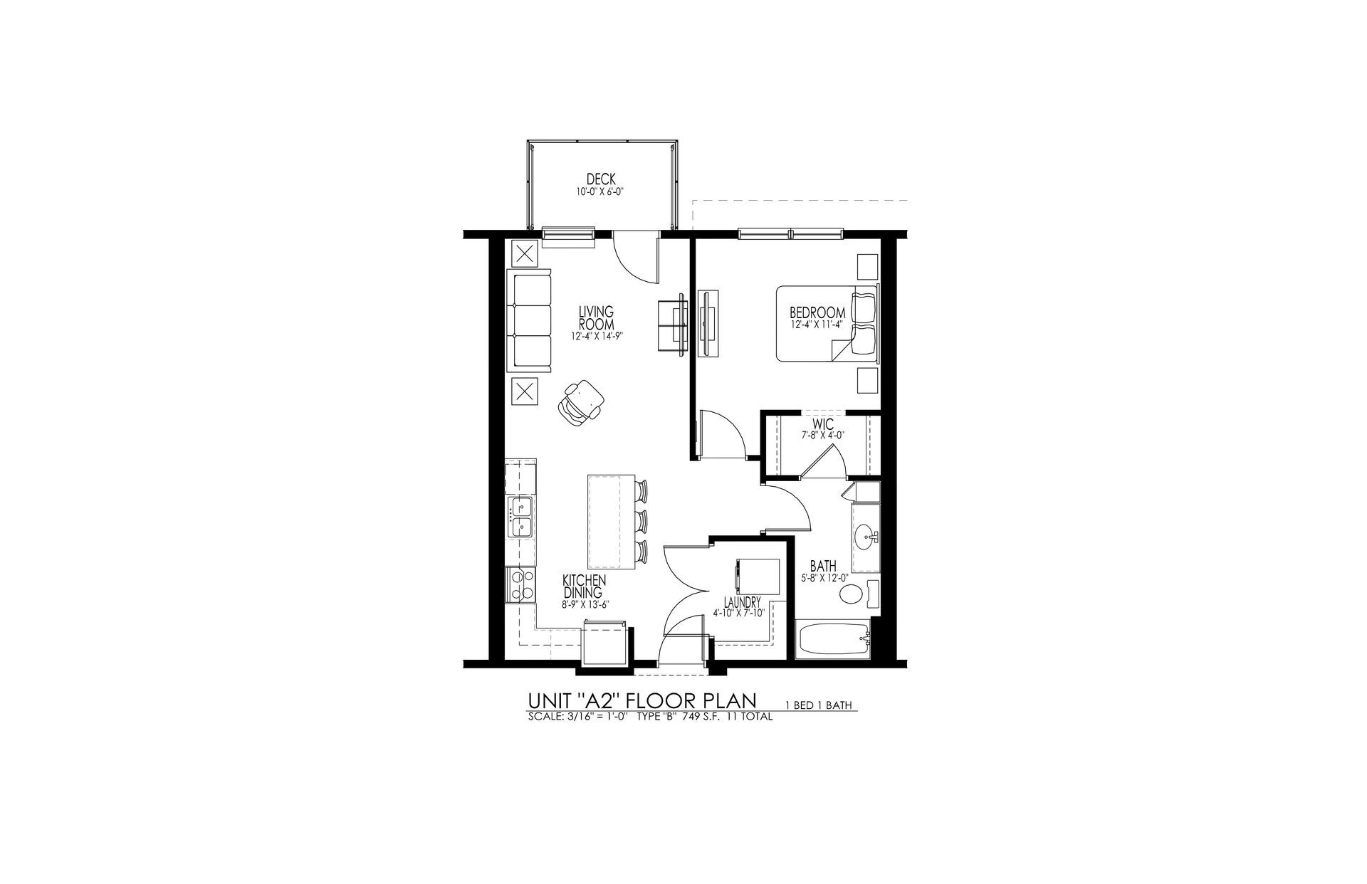 Black-and-white apartment floor plan with rooms, furniture, and dimensions labeled