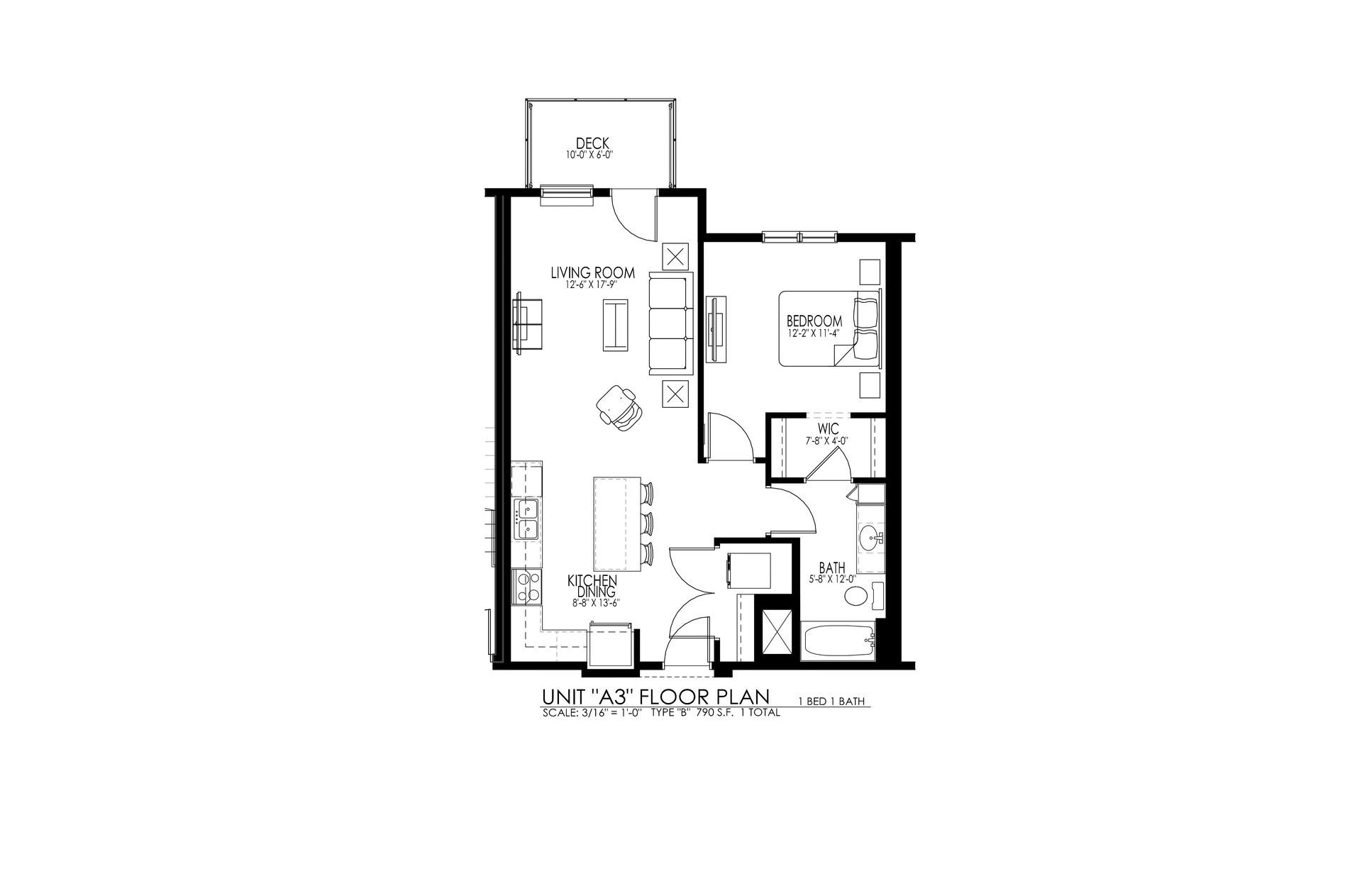 Black-and-white floor plan of a small apartment with labeled rooms and furniture layout.