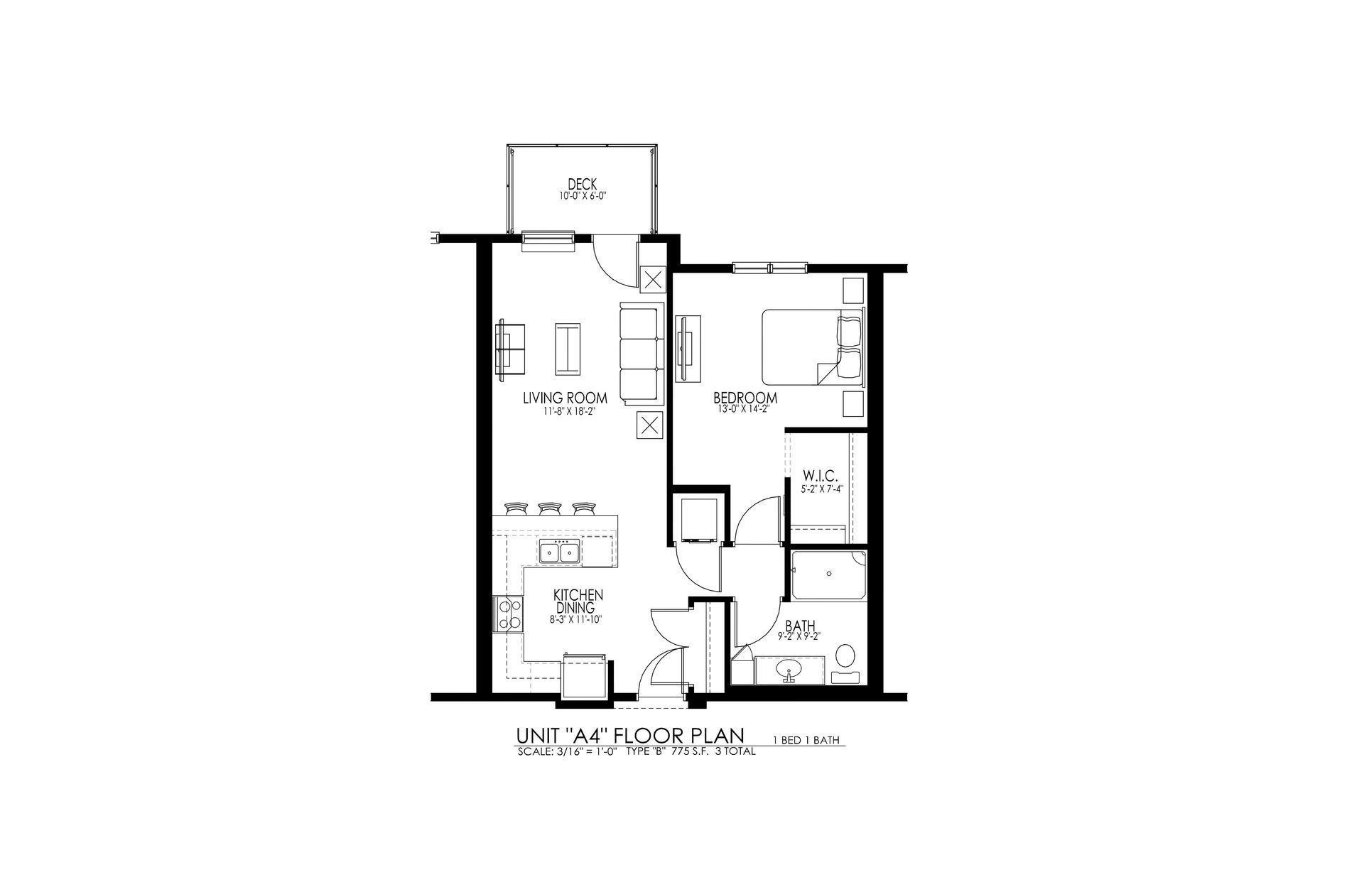 Black-and-white floor plan of a small apartment with labeled rooms and a balcony.