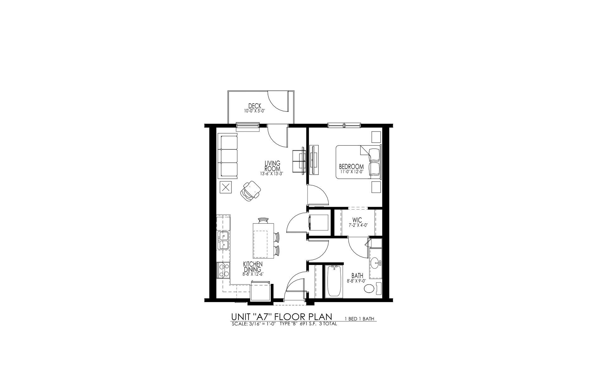Black-and-white architectural floor plan of a small apartment with labeled rooms and dimensions