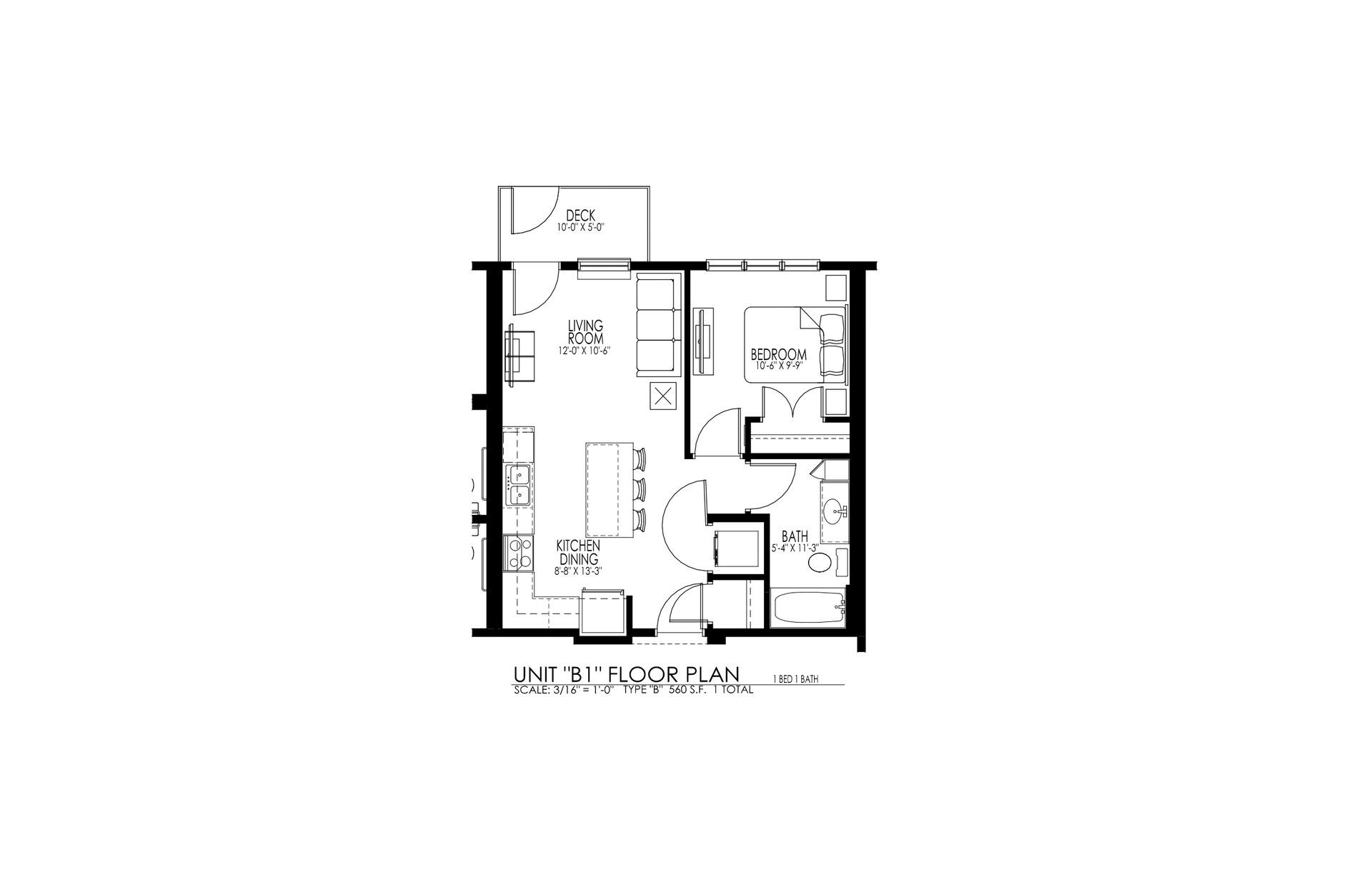 Black-and-white architectural floor plan of a small apartment layout with labeled rooms and furniture.