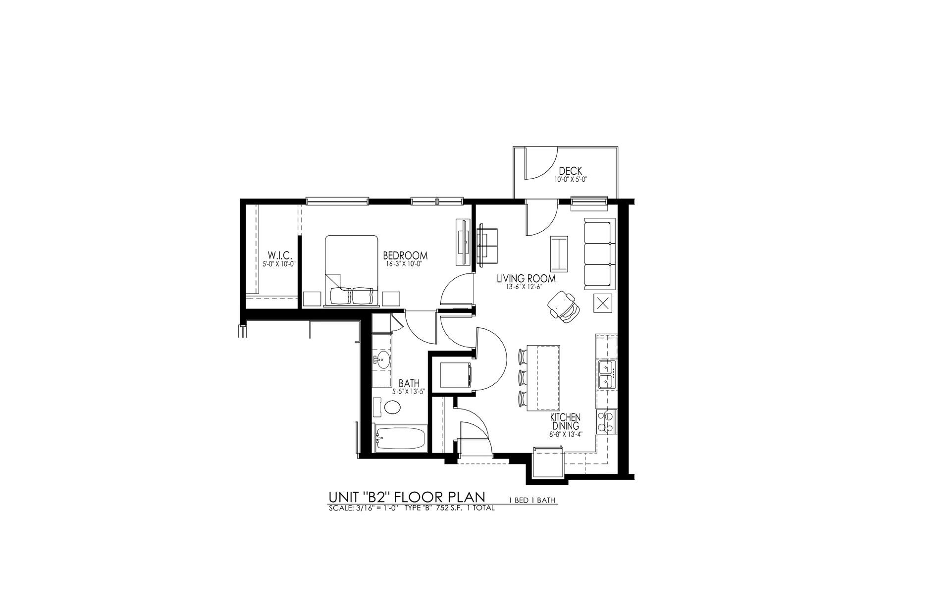 Black-and-white floor plan of a small apartment with labeled rooms and furniture layout.