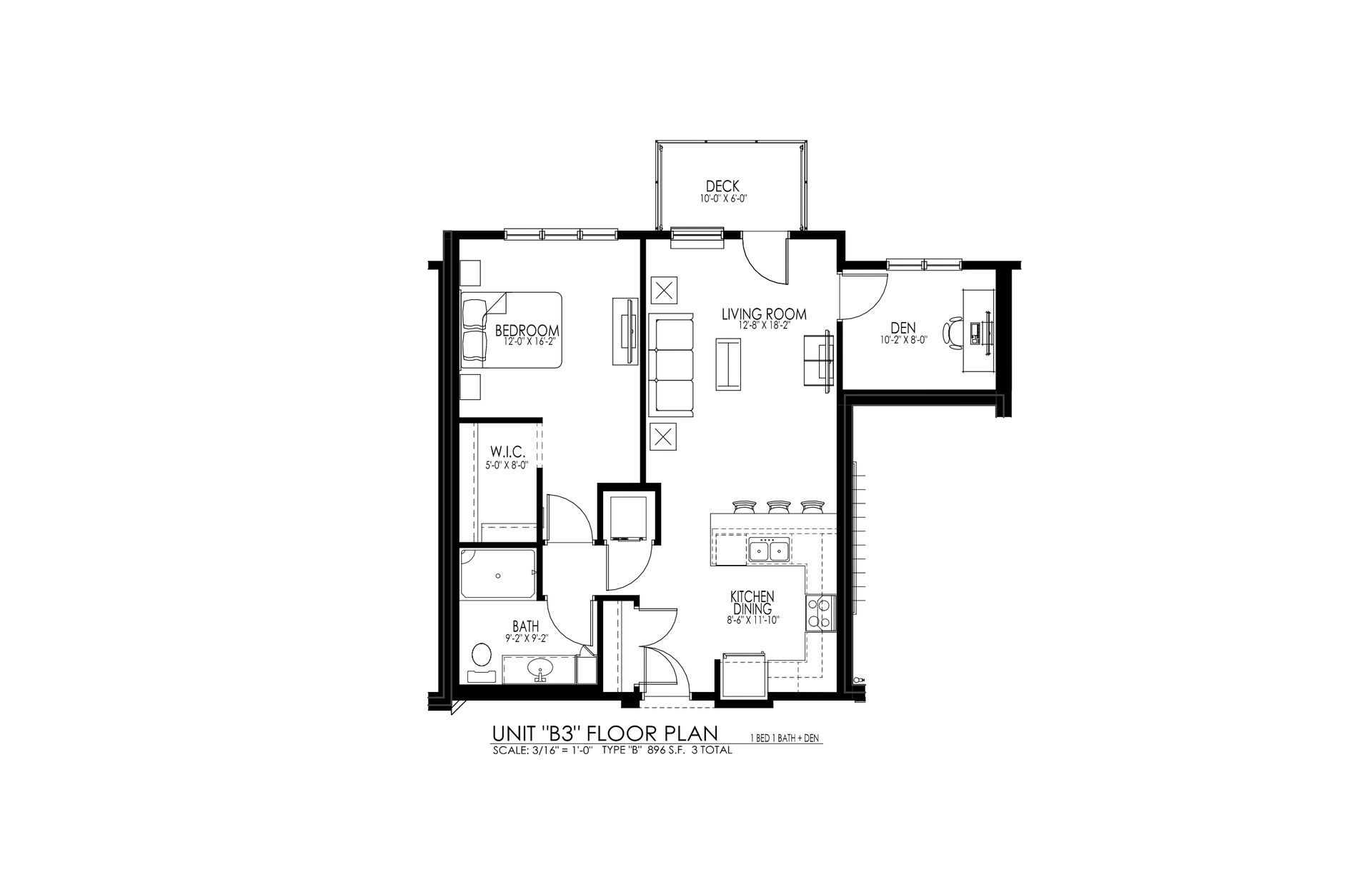 Black-and-white floor plan drawing of a small house with labeled rooms and dimensions