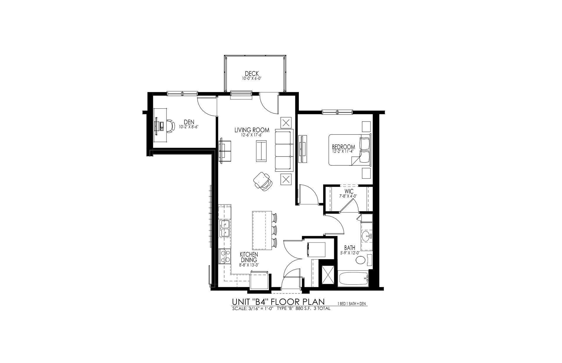 Black-and-white floor plan of an apartment with labeled rooms and furniture layout
