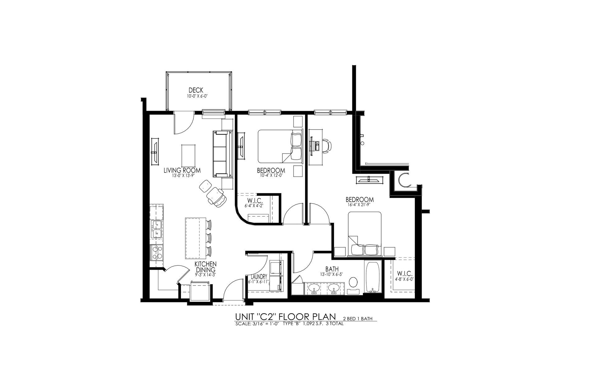 Black-and-white architectural floor plan of a small apartment with labeled rooms and furniture layout