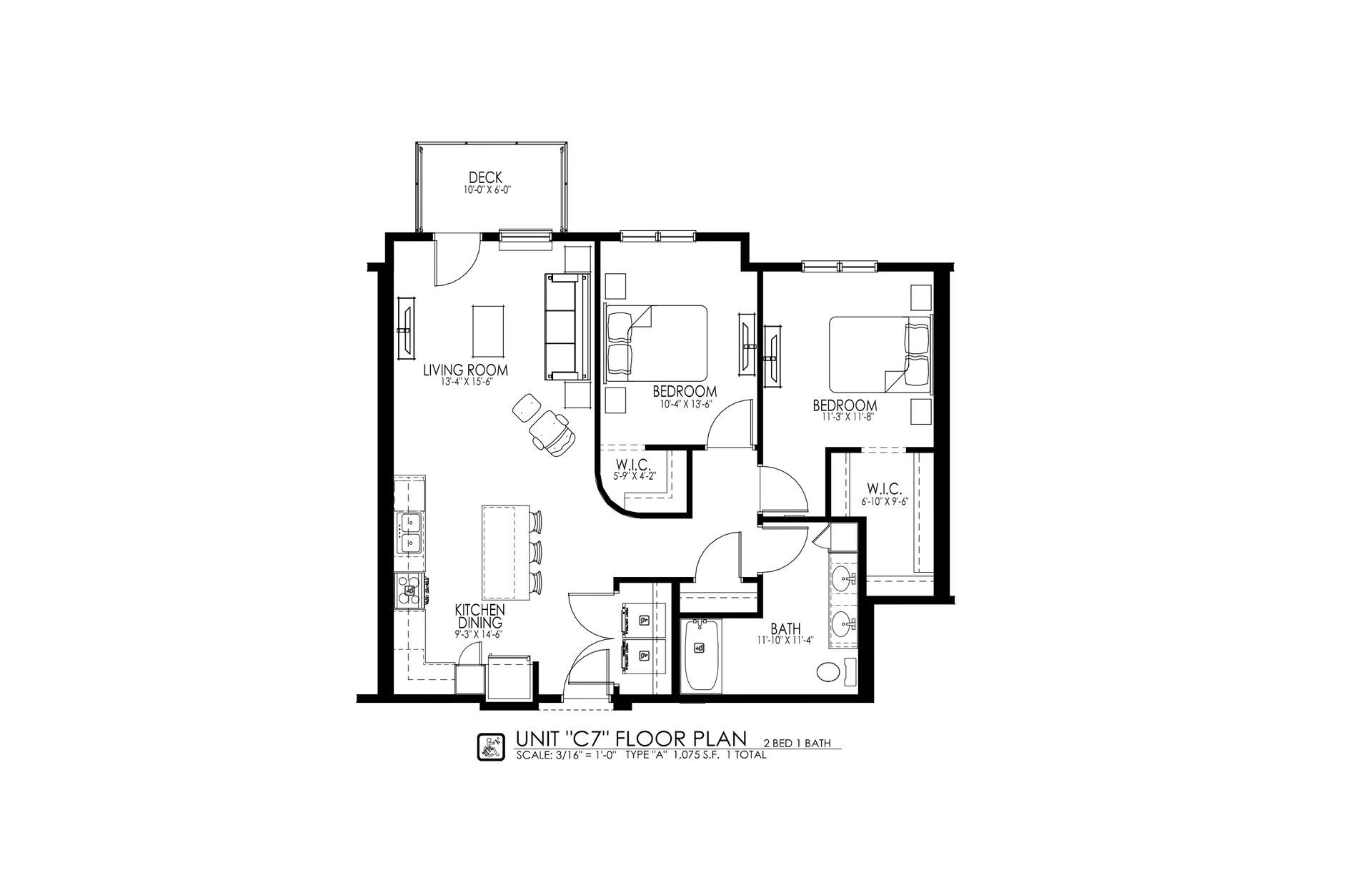 Black-and-white floor plan of a small apartment with labeled rooms and furniture layout.